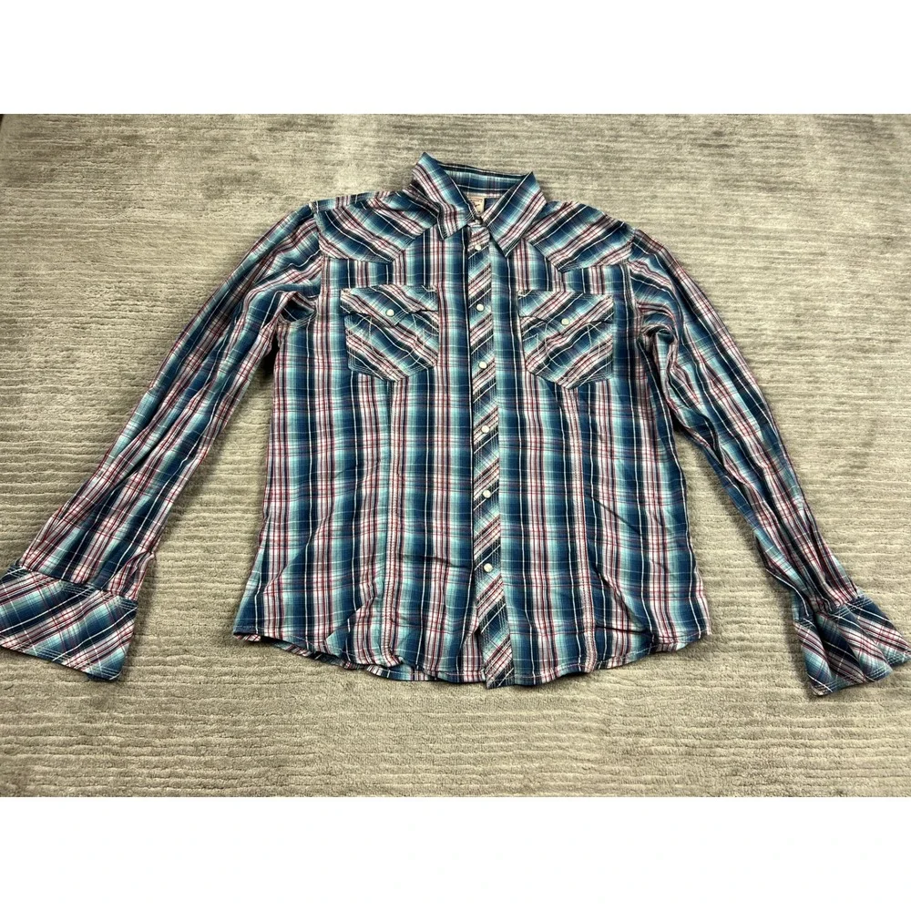 True Religion Shirt Mens XXL Blue Plaid Western Pearl Snap ML4BL68MDHP Cotton